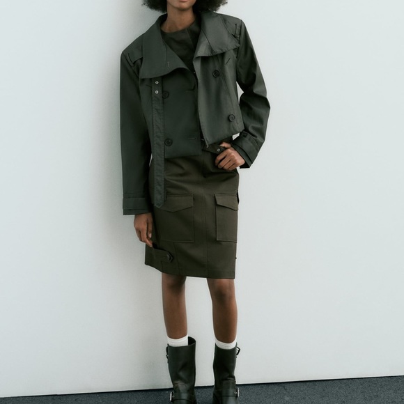NWOT ZARA Waxed Cropped Trench Coat Dark Green Dark Khaki- Size XXL - Picture 3 of 12